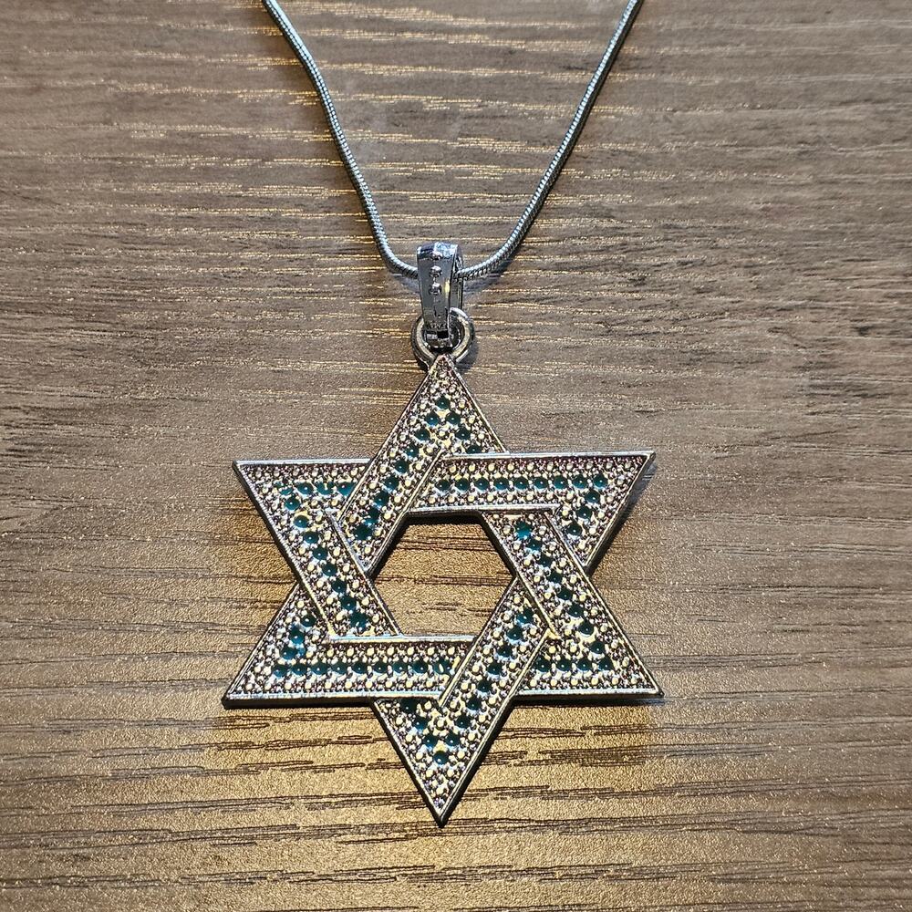 Silver Jewish Star Pendant Necklace Large with Textured Blue Green Rhinestones